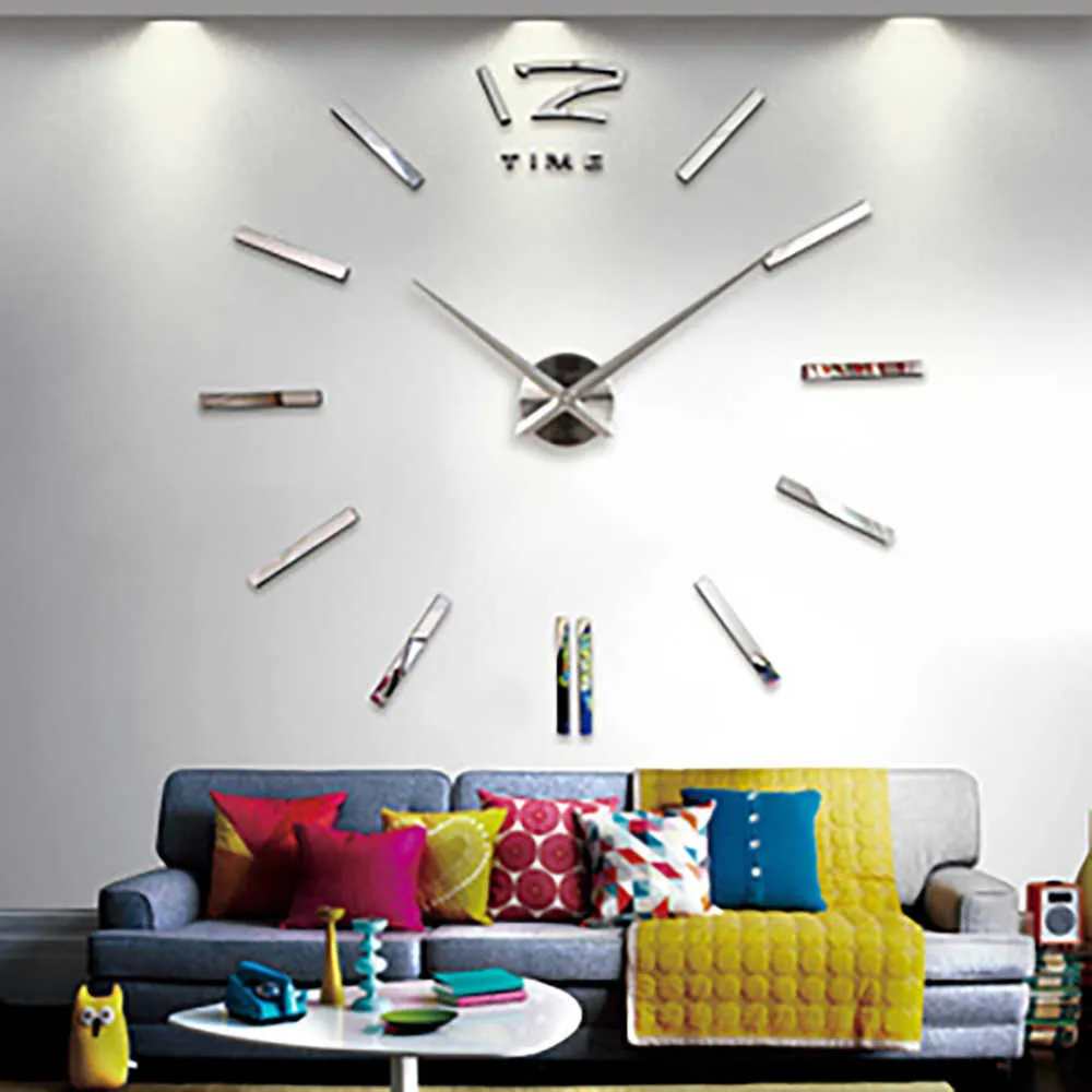 3D本物の大きな壁時計急いなミラーステッカーDIYリビングルーム家の装飾発光時計到着Quartz大時計5 210724