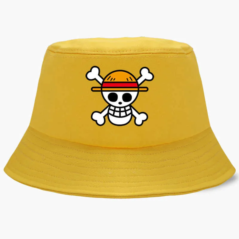 One Piece Bucket Hat Panama Cap the Pirate King Anime Luffy Harajuku Women Men Cotton Outdoor Sunscreen Wide Brim Hats Caps Q0805269E