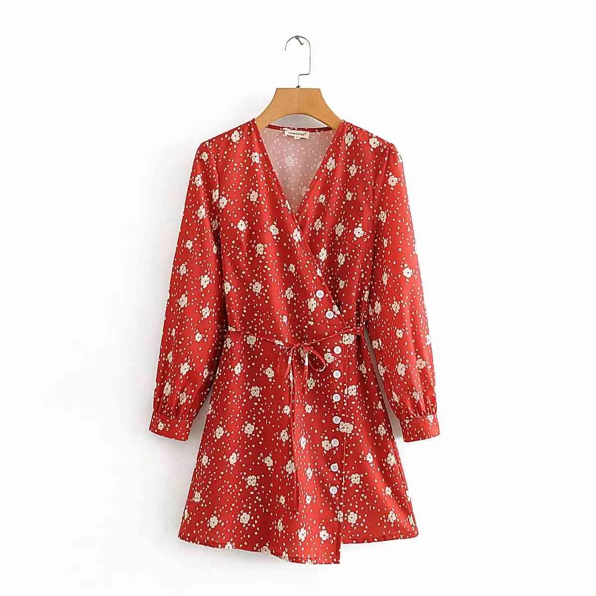 Foridol Abito rosso a maniche lunghe con stampa floreale a pois Autunno Inverno Donna con scollo a V Abito avvolgente Abito vintage da donna casual da ufficio 210415