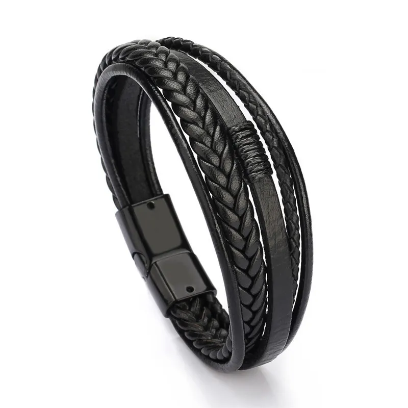Trendy Genuine Leather Men Stainless Steel Multilayer Braided Rope for Male Female Bracelets Jewelry