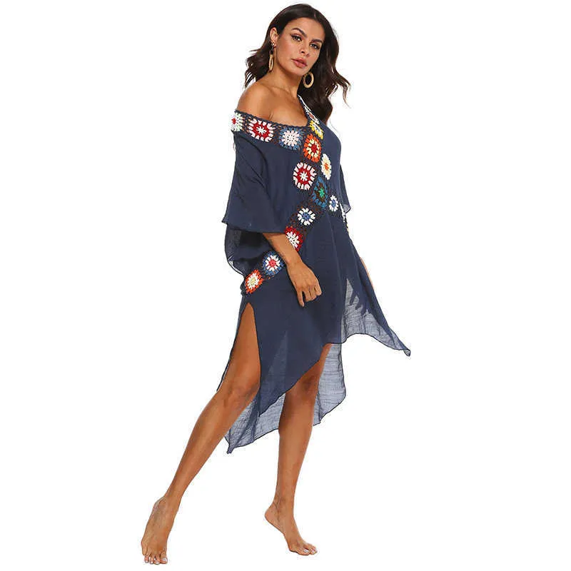 Fitshinling Handmade Crochet Summer Beach Dres's Swimwear Transparent Sexy Oversized Robe Irregular Bohemian Pareo 210722