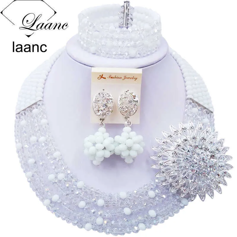Wunderschönes weißes, transparentes Kristall-Perlen-Halsketten-Kostüm, nigerianische Hochzeit, afrikanische Perlen-Schmuckset für Frauen 5SZK007 H1022