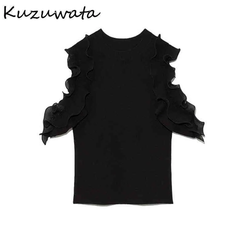 Kuzuwata Eleganckie Ruffles Patch Sexy Ramię Bez Ramiączek Bluzka Kobiety O Neck Flare Krótki Rękaw Work Work Style Solid Simple Y1110