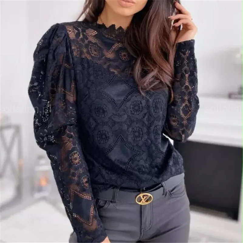 Fashion Women Hollow Lace Floral Top Sexy Black Blouse Turtleneck Blouse Summer Spring Ladies Elegant Long Sleeve Pullover Shirt X0521