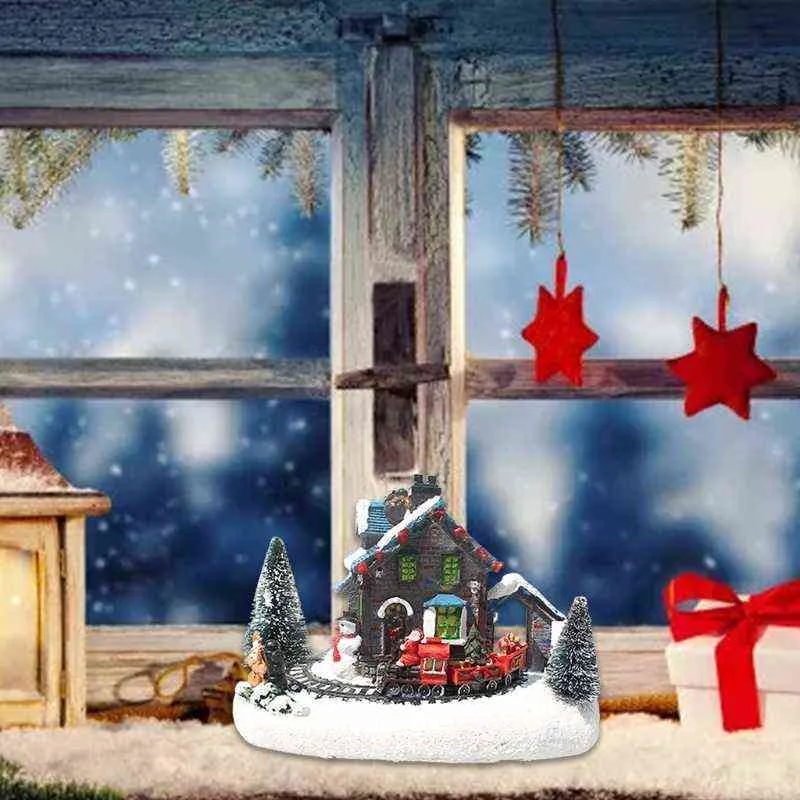 Kreative Farb -LED -Lichter Weihnachten kleines Zug Village Haus Luminöses Landschaft Schneefild Harz Desktop Orament 2111055672295