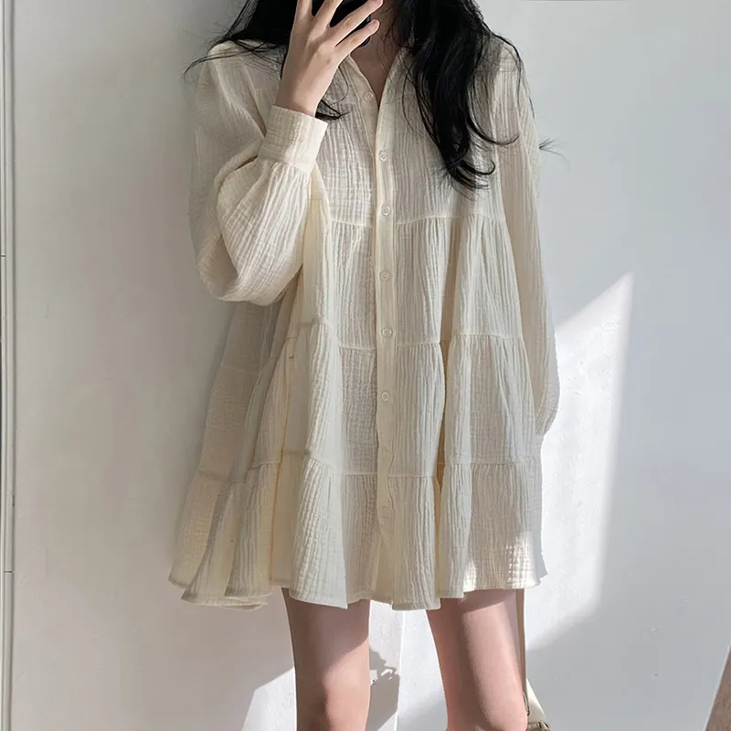 Corée Femmes Chic Ruché À Manches Longues Couleur Unie Chemise Robes Printemps Casual Col Rabattu Lâche Bureau Dame Mini Robe 210518