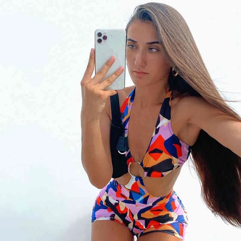 MHCMBSBS Sexy Women Bodysuits Patchwork Printed Hollow Out Halter Backless Beach Vacation Romper Outfits Bathing Suits 210517