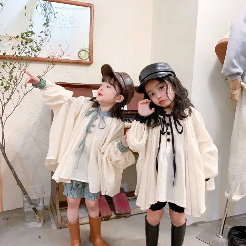 Frühling koreanischen Stil Baby Mädchen 2-teiliges Set Puffärmel Hemden Kleid + Kürbis Shorts Kinderkleidung E647 210610