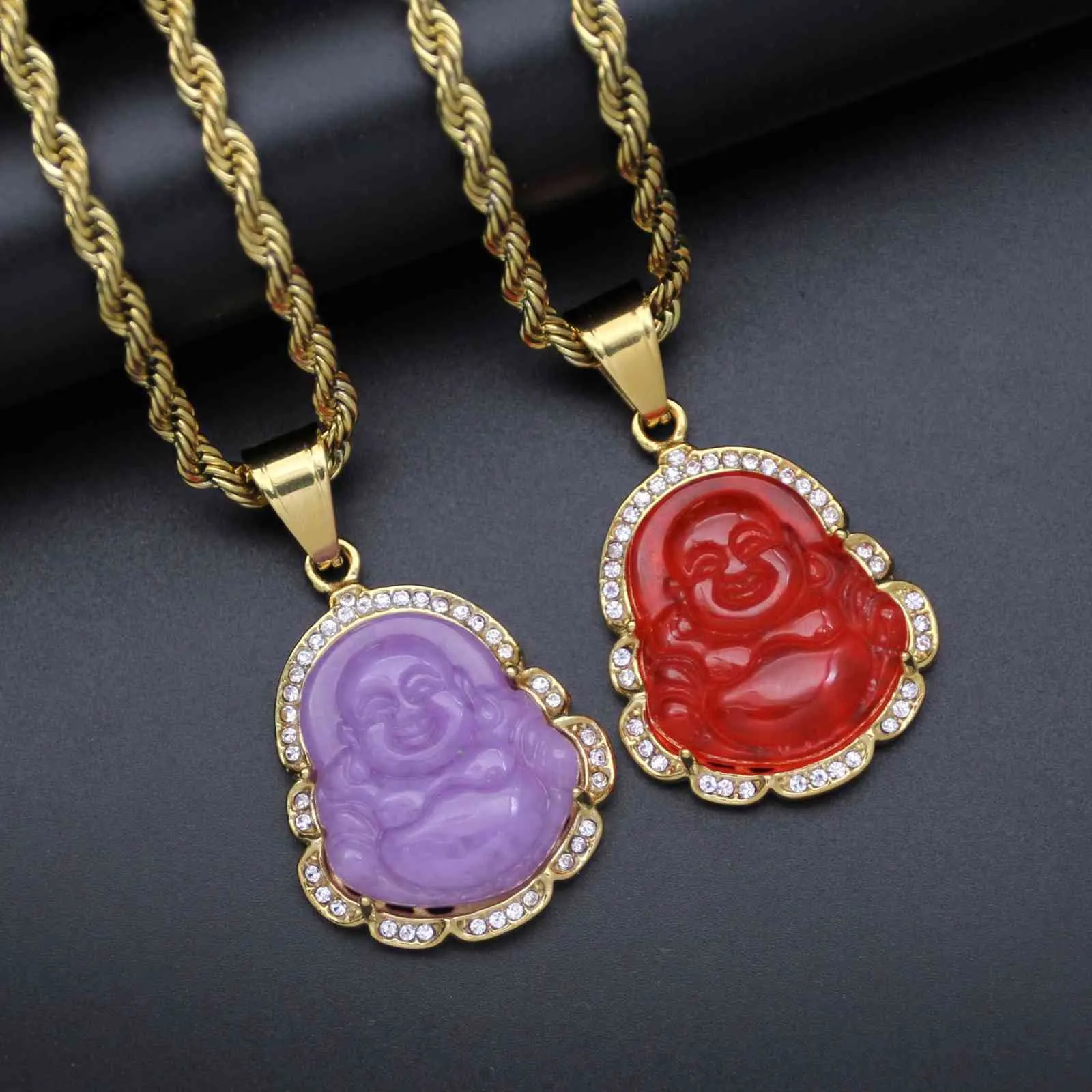 Green Jade Jewelry Laughing Buddha Pendant Chain Necklace For Women Stainless Steel 18k Gold Plated Amulet Accessories Mothers Day237a