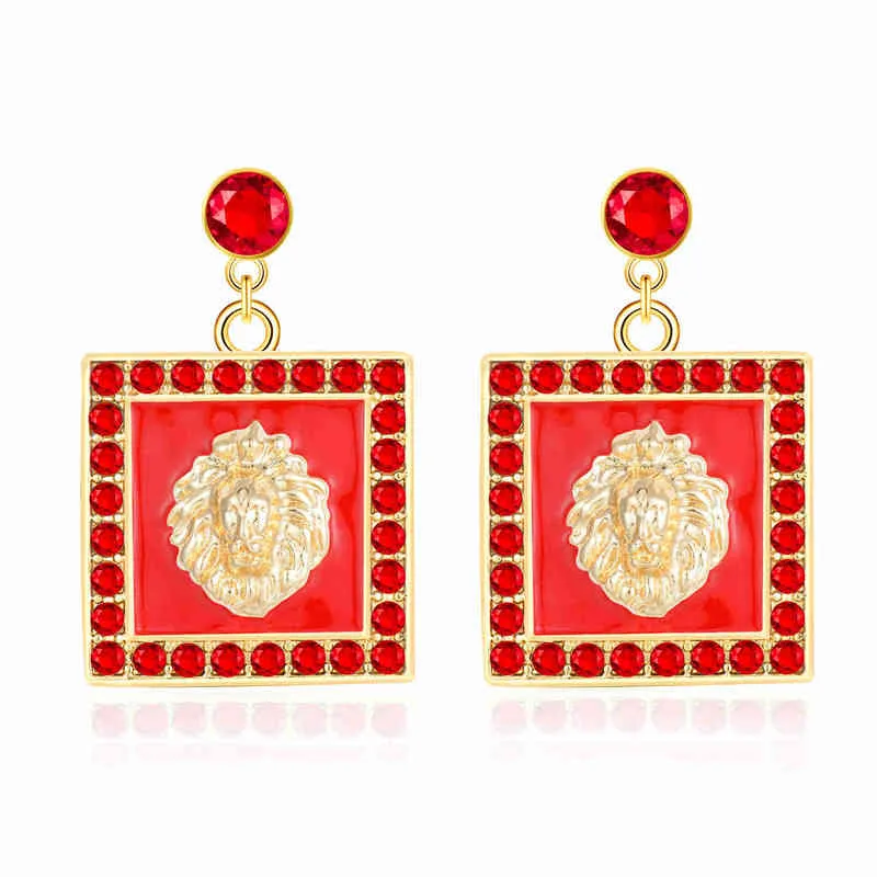 Hip Hop Gold Lion Head Stud Earring Punk Trendy Crystal Gekleurde Emaille Mode Basketbal Wives Cocktail Kostuum Sieraden 220209