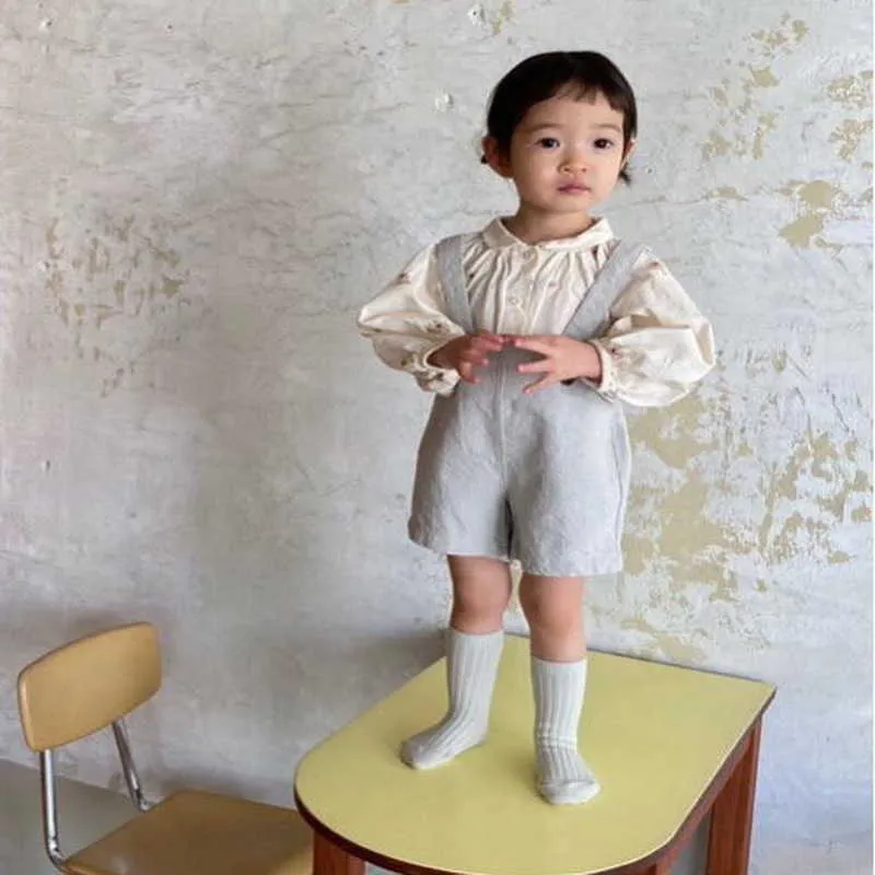 韓国風の夏の子供女の子男の子2  -  PCSセットストライプロングTシャツ+オーバーオールショーツカジュアル子供服E027 210610