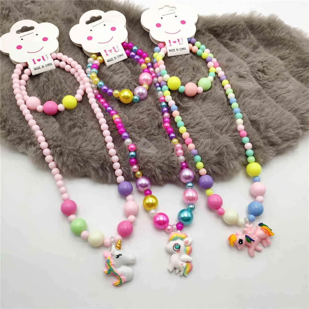 Barns Unicorn Smycken Halsband Färg Armband Set Girls Dress up accessoarer