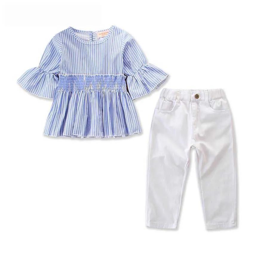 Retail Girl Summer Clothing Sets Half Sleeve Ruffle Shirts+Jeans Two Piece Fashion Sister Outfits Kids 2-7 Years E18008 210610