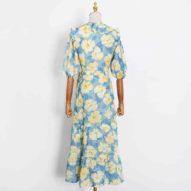 Robe à nœud papillon à imprimé floral pour femmes, col en V, manches bouffantes, taille haute, couleur vintage, mode féminine 210520