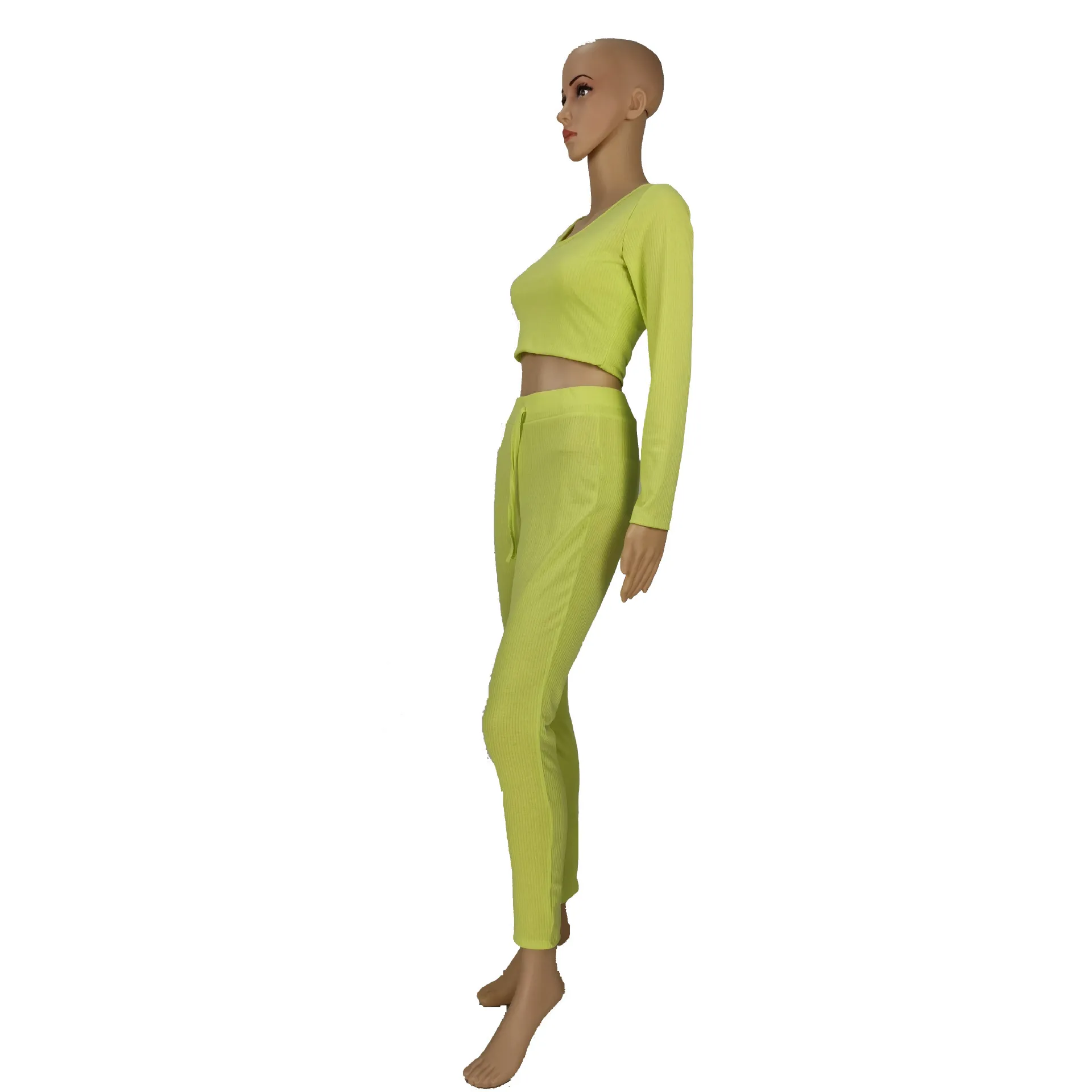 OMSJ Automne Vêtements Femmes Tricoté Fluorescent Vert À Manches Longues Crop Top + Pantalon Deux Pièces Survêtement Dames Occasionnels Oufits Mujer 210517