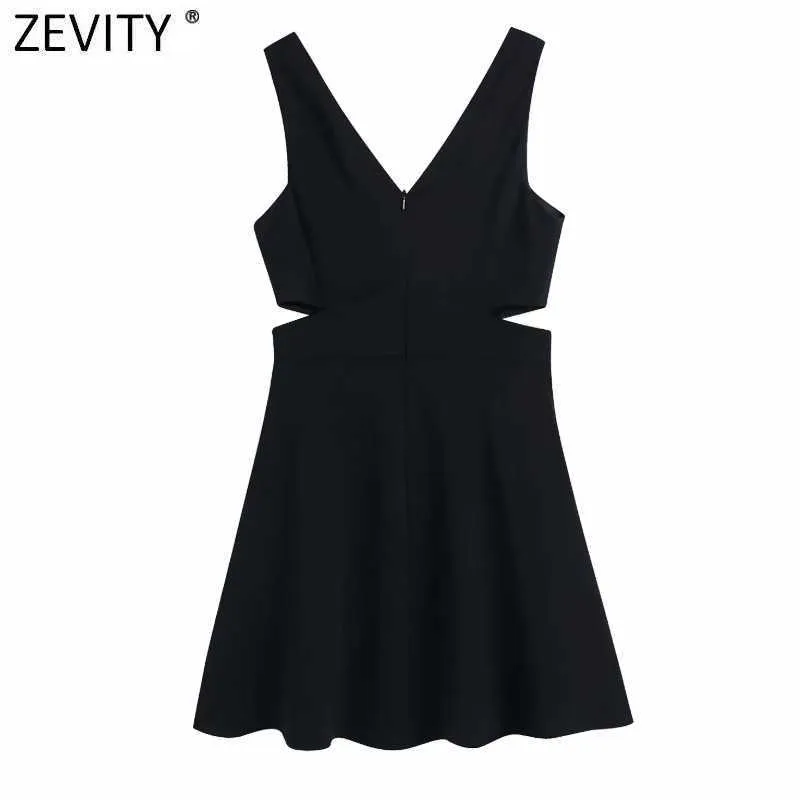 Zevity Women Sexy Deep V Neck Side Hollow Out Black Sling Mini Dress Femme Chic Sommar Använd Casual Slim Party Vestido DS8113 210603