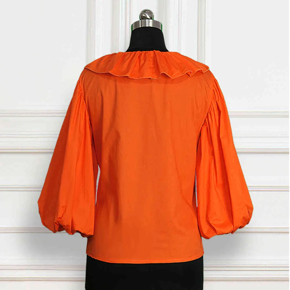 Women Blouse Big Lantern Sleeve V Neck Ruffles Hollow Out Elegant Office Ladies Classy Orange Fashion Tops Shirt Bluas Plus Size 210416