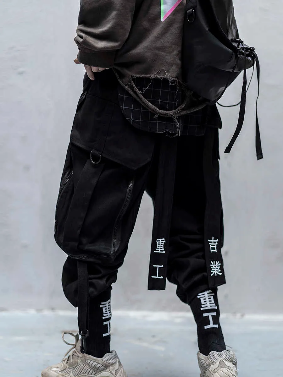 Japon Streetwear Techwear Kargo Pantolon Erkekler için Baggy Geniş Bacak Siyah Jogger 210715