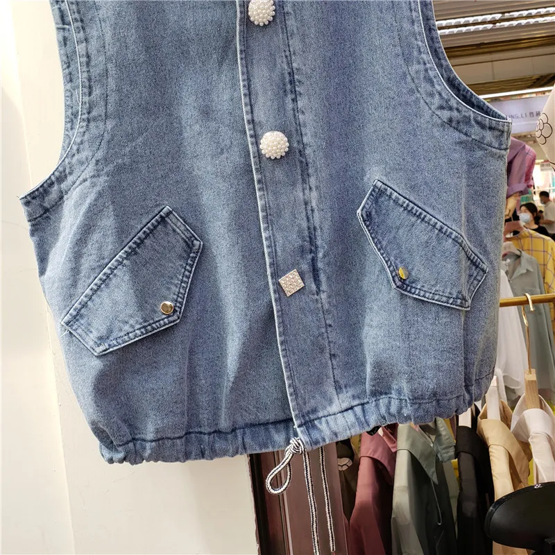 [Ewq] Våren Nya Kvinnor Casual Loose O-Neck Solid Färg Loose Short Minimalistisk Ärmlös Denim Vintage Vest Coat 16F0736 210423