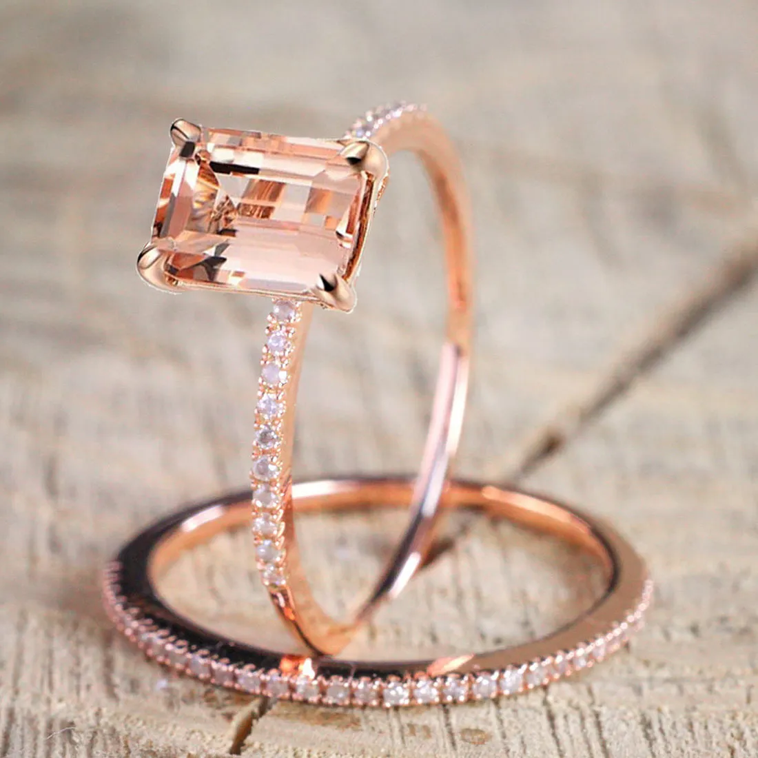 À la mode exquise couleur or Rose carré Baguette anneaux ensemble pour les femmes rempli zircon cubique cristal pierre bijoux de fête de mariage