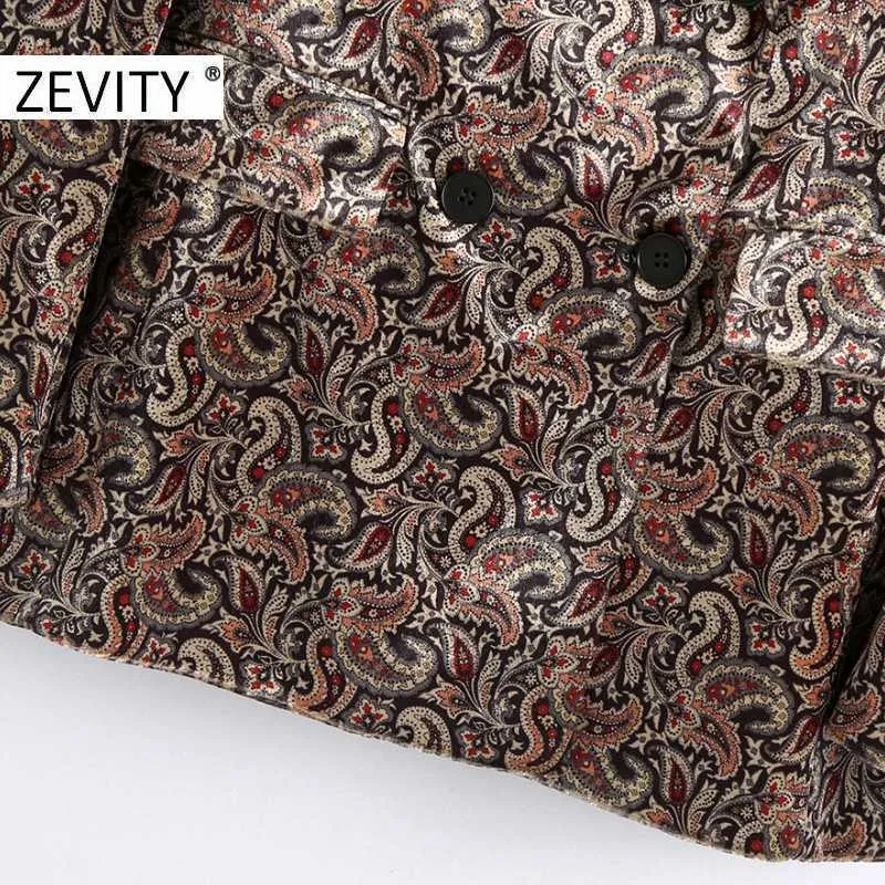 Zevity Femmes Vintage Totem Fleur Imprimer Chic Business Blazer Bureau Dames Double Boutonnage Casual Outwear Velours Costume Tops CT599 210603