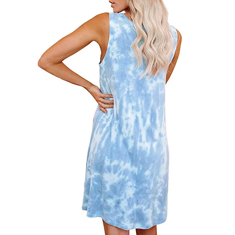 Abito da donna con stampa tie-dye Abito elegante casual con scollo a O senza maniche Mini abito estivo Plus Size Abiti da spiaggia da donna Vestidos 210507