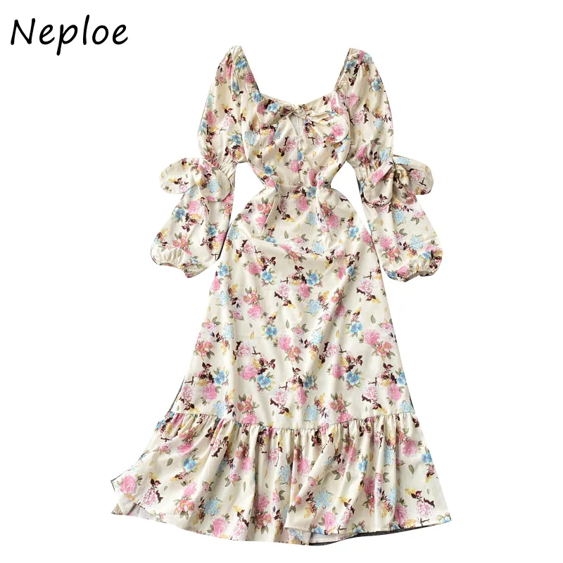 Neploe V-Ausschnitt Rüschen Patchwork Elegantes Kleid Böhmischer Druck Sommerurlaub Vestidos V-Ausschnitt Puff Langarm Robe Frühling Slim 210423