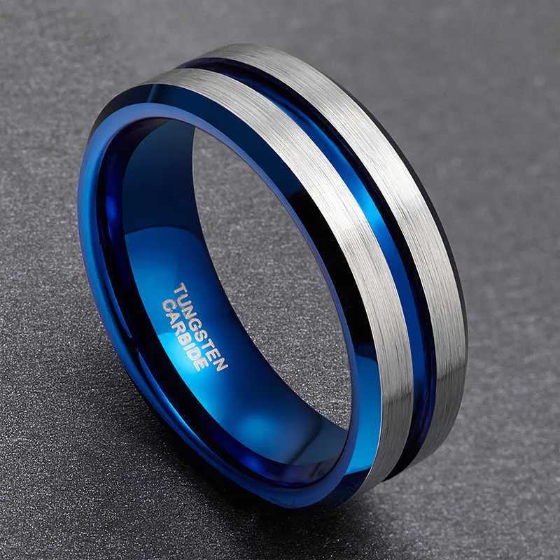 TIGRADE 8mm Männer Schwarz Wolframkarbid Ring Dünne Blaue Linie Hochzeit Band Vintage-Schmuck Anime Anel Masculino Aneis Größe 6-15 210701