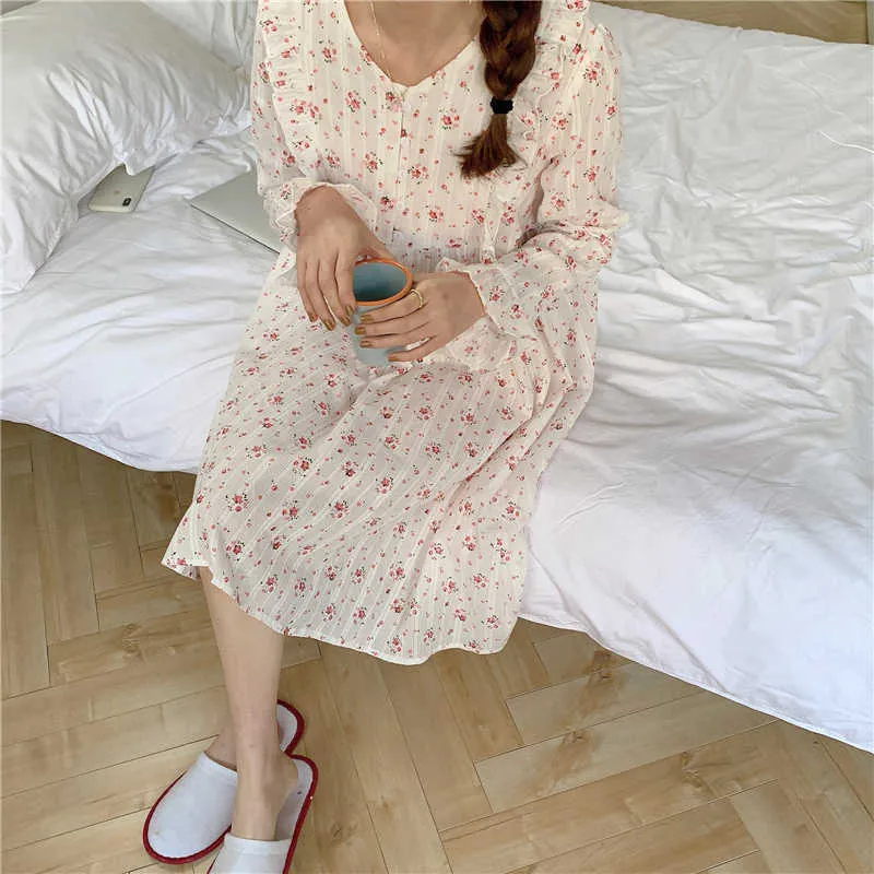 V-Neck Sieć Smokingowa Suknia Sprężyna Foloral Słodcy Kobiety Chic Wygodna Koreańska Bawełniana Moda Piżama Nightdress 210525
