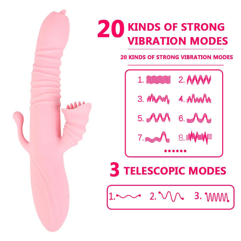 Massage föremål 20 hastigheter tunga slickar dildo teleskopisk uppvärmning kanin vibrator oral sexig vagina anal stimulering leksaker för kvinnor