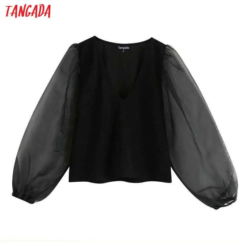 Tangada Femmes Sexy Blouse noire Design O Cou Transparent Manches longues Chic Crop Chemise élégante Blusas Femininas BE664 210609