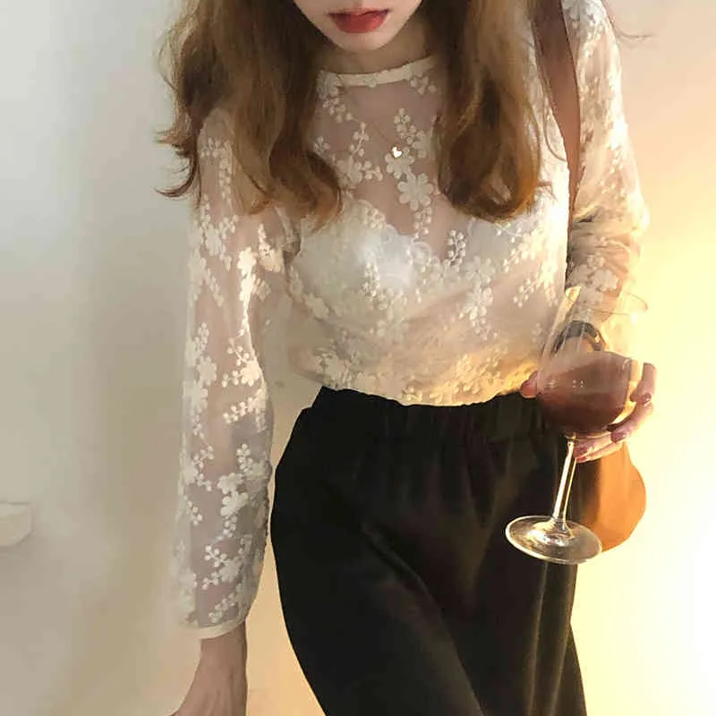 Comelsexy Koreansk Lace Basic Streetwear Basewear Bomull Sexig Vår Kvinna Högkvalitativ Kvinnor Full Sleeves T-shirts 210515