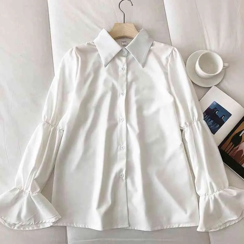 Kimutomo Sweet Girls Jupes décontractées Ensembles Blouse à manches évasées à col rabattu blanc et taille haute Denim A-line Sling Mini robe 210521