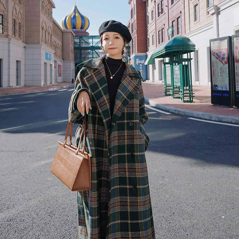 Vintage Plaid Verdicken Frauen Wolle Langen Mantel Outercoat Winter Warme einreiher Gürtel Koreanische Damen Mantel Femme 210513