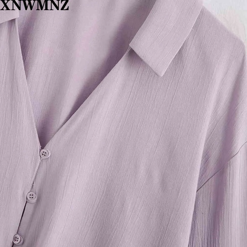 Za Akan Gömlek Kravat Leylak Johnny Yaka Ile Kırpılmış Gömlek Uzun Kelepçeli Kollu Ön Düğüm Detail Button-Up 210510