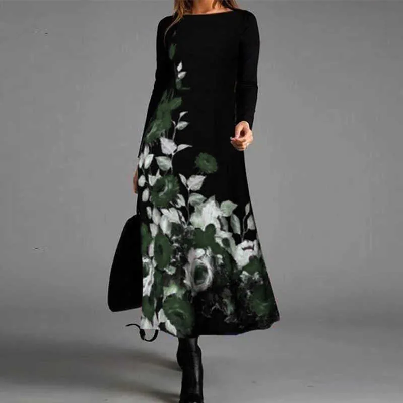 2021 herbst Winter Beiläufige Lose Kleid Frauen Vintage Oansatz Floral Bedruckte Party Kleid Damen Elegante Lange Hülse A-linie Kleider Y1006