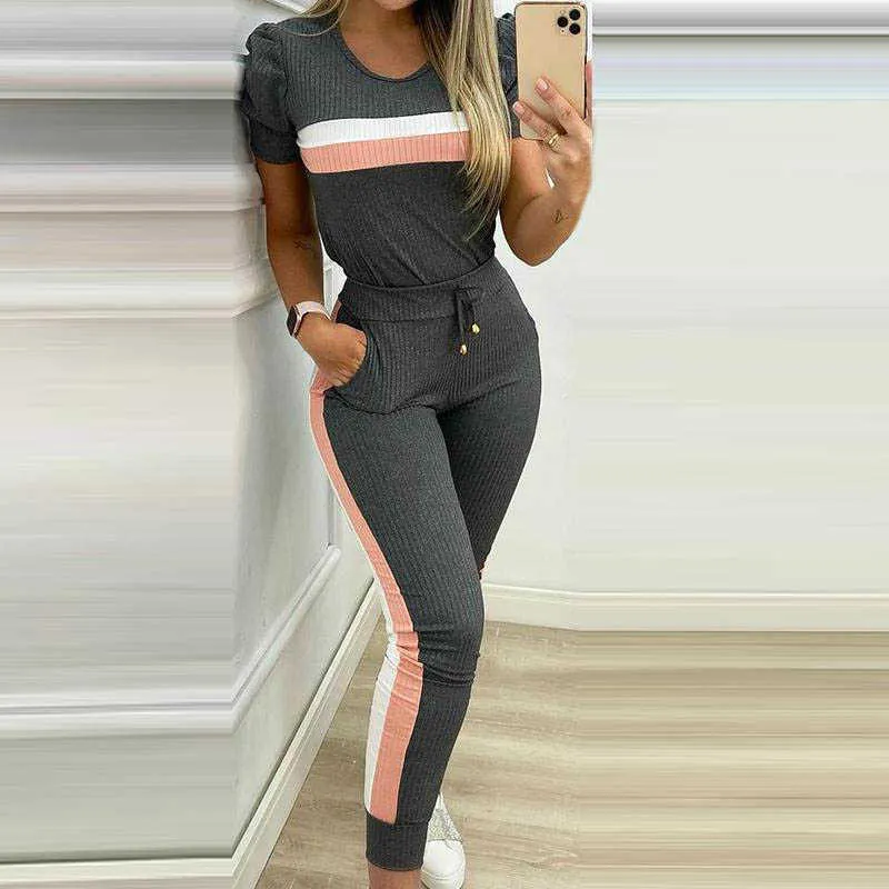 女性パッチワークトラックスーツセット夏の格子縞のスウェットシャツトップ+巾着ロングパンツセットエレガントなカジュアルなポケットスポーツ2つの部分セット210930