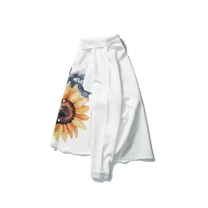 Erkek Gömlek Kelebek Ayçiçeği Çıkık Baskılı Streetwear Boy Gömlek Harajuku Gevşek Uzun Kollu Adam Siyah / Beyaz Tops 210527