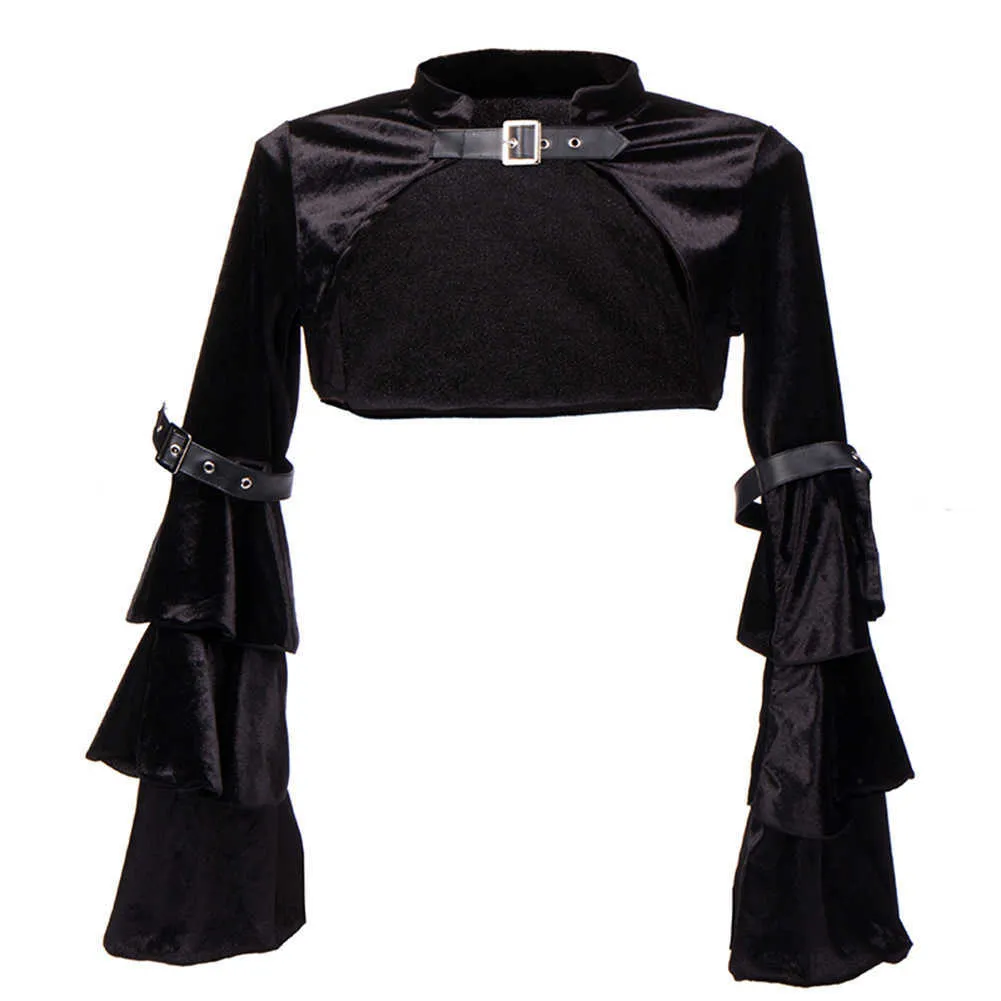 Siyah Kısa Steampunk Ceket Uzun Flare Kol Kadınlar Gotik Bolero Victoria Ceket Vintage Goth Punk Korse Kostüm Aksesuarları Y0827