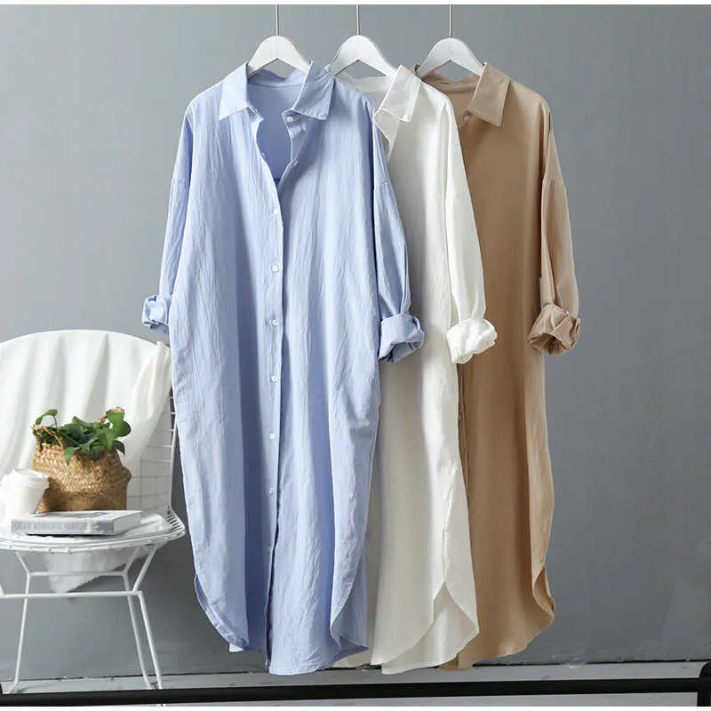 Kobieta Długa Koszula Sukienka Bawełna Koreański Moda Odzież Biała Plus Rozmiar Duża koszula Suknie Wiosna Długi Rękaw Dress Dress 210709