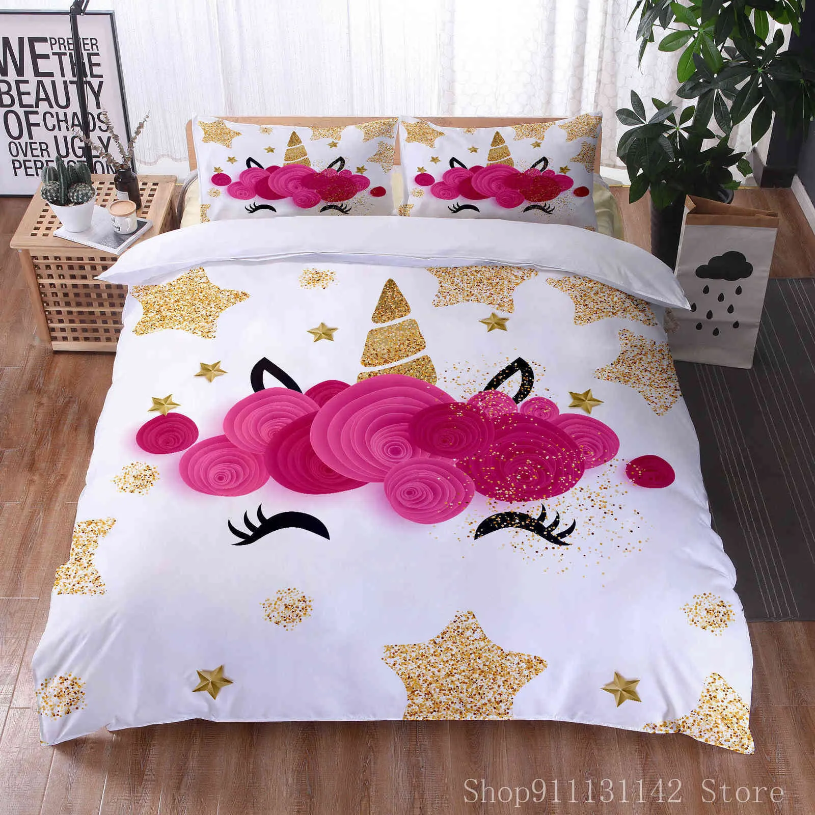 Copripiumino stampato con unicorno luminoso colorato Biancheria da letto con motivo animale del fumetto Queen King Tessili la casa a grandezza naturale