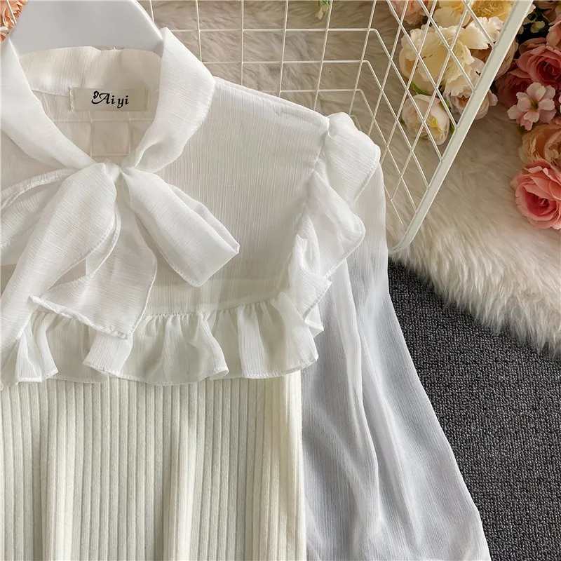 Spring Autumn Temperament Chiffon Shirt Female Wood Ear Stand Collar Knitted Stitching Short Lantern Sleeve Top UK944 210506