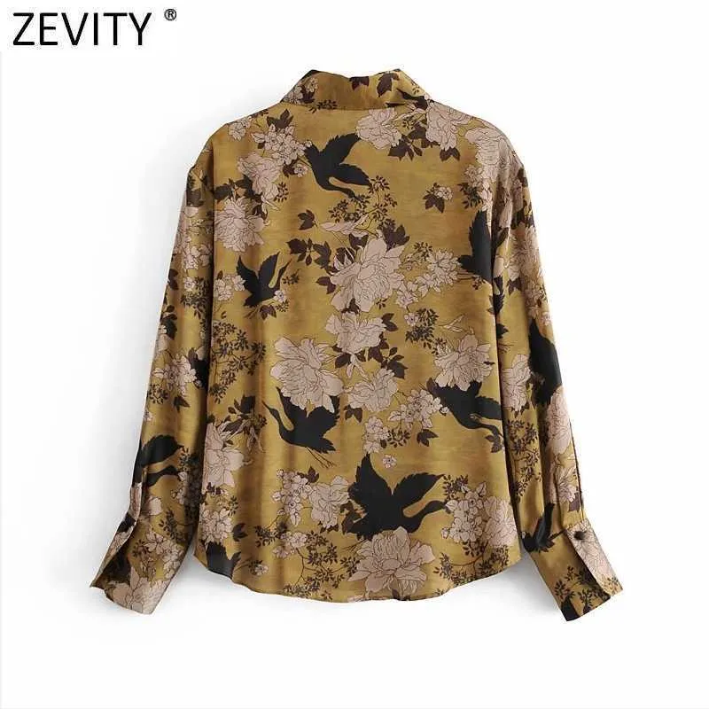 Zevity Femmes Vintage Oiseaux Fleur Imprimer Casual Blouse Chemisier Bureau Dame Simple Boutonnage Chemises D'affaires Chic Blusas Tops LS7428 210603