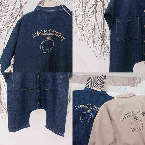 Korean style infant boys girls cartoon printed long sleeve denim Bodysuits 1-6 years kids loose casual jumpsuits 211229