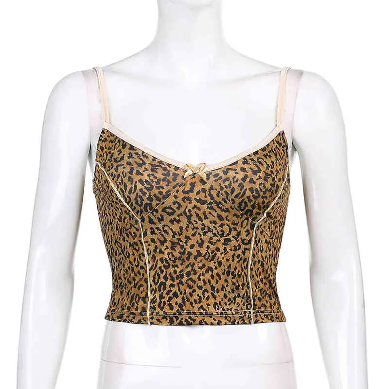 Vintage Leopard Print Spaghetti Y2K Femmes Camis sur fines bretelles Sexy Dos nu sans manches Summer Tank Wrap Crop Top Femme 210510