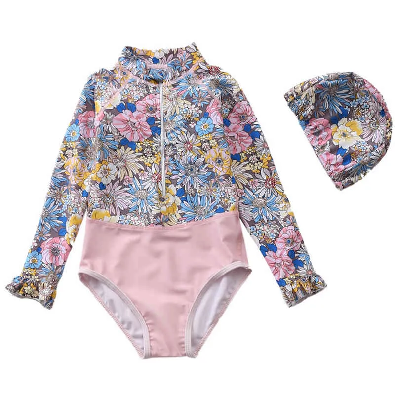 Maillot de bain pour filles à manches longues à manches longues rose Floral One Piece Maillots de bain pour enfants Maillot de bain Beachwear Protection solaire 210417