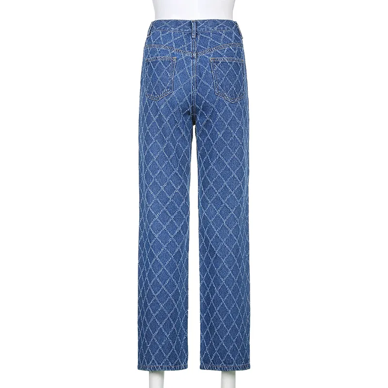 Fashion Argyle Pattern Blue Y2K Jeans For Girls Female Casual Women Vintage Denim Pants High Waisted Trouser Harajuku 210510
