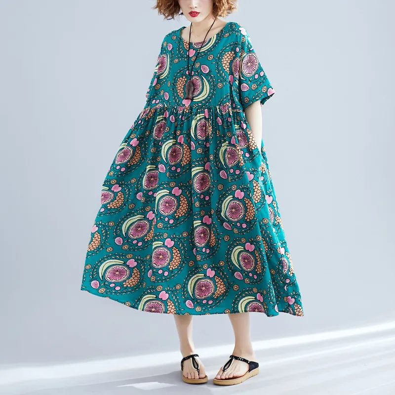 Johnature Loose Dress Casual Print Short Pockets Summer Dress Knee-length Regular Natural O-neck Cotton Women Dress 210521