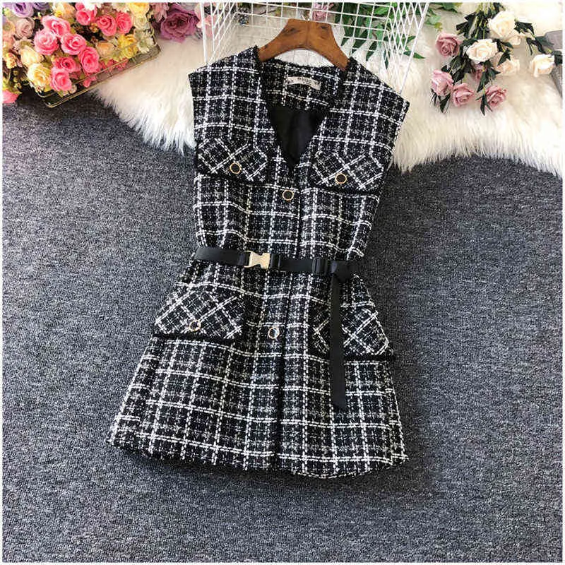 Koreanischer Stil Plaid Chic Weste Jacke Frauen Elegant mit Gürtel Einreiher ärmellose Weste Vintage V-Ausschnitt Midi Oberbekleidung 211120