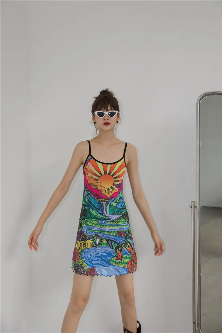 Sunshine Mountains Colorful Mesh Slip Dress Women Backless Spaghetti Strap Mini Bodycon Holiday Summer Fashion 210427